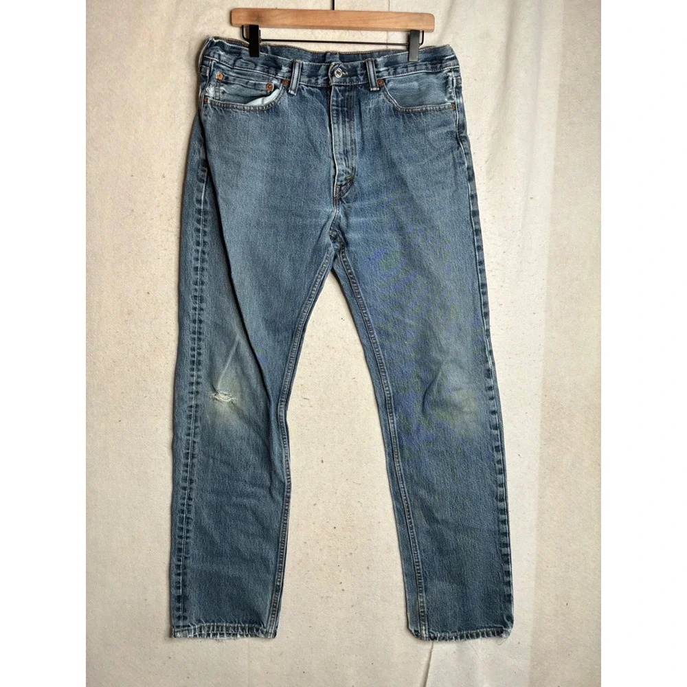 Levis 505 Regular Fit Straight Leg Jeans Mens 34x35 Blue Denim Distressed A09178